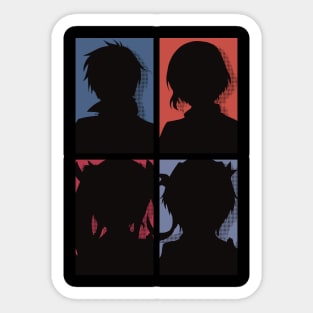 The Misfit of Demon King Academy or Maou Gakuin Anime Characters : Anos Voldigoad, Misha Necron, Sasha Necron, and Lay Glanzudlii in Silhouette Pop art Design Sticker